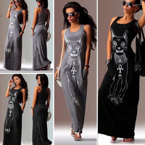 Vestidos casuais 2023 estilo mulheres verão sexy tanque vestido longo maxi desenhos animados impresso cinta colete festa praia sundress