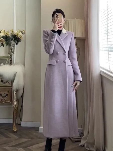 Cappotti lunghi stile francese da donna in misto lana 2023 Autunno Inverno Moda viola bavero addensare caldo cappotto di lana tendenza 231124