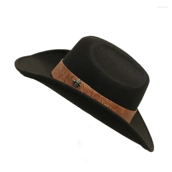 Baskenmütze, breites Retro-Muster, Lederband, Kaschmirimitat, für Damen und Herren, große Krempe, Cowboy-Westernhut, Cowgirl-Kappe (56–59 cm)