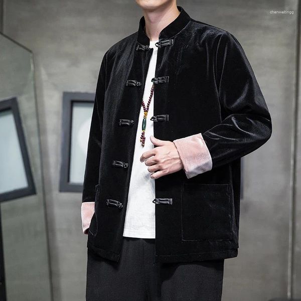 Giubbotti da uomo 2023 stile cinese velluto giacca vintage vestito di linguetta gioventù disco fibbia camicetta migliorata Hanfu Zen abbigliamento