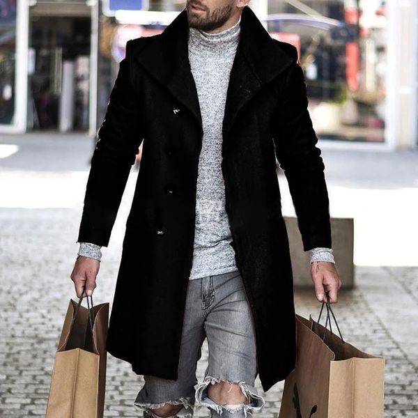 Casaco masculino de pele falsa casual, cor sólida, roupa externa de lã, ótimos casacos de inverno, comprimento médio, sobretudo, roupas masculinas 231124