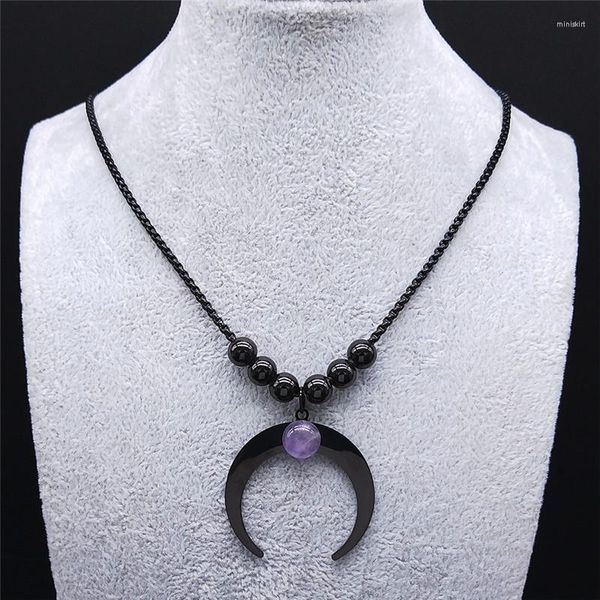 Collane con ciondolo Gothic Black Crescent Moon Charm in acciaio inossidabile Collana di perline di cristallo viola Gioielli Joyas Mujer N3107S06