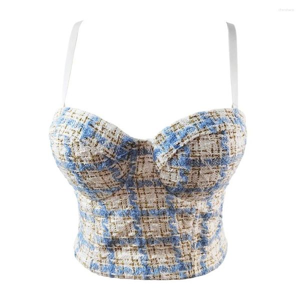 Tanques femininos 2023 mulheres camisola top houndstooth xadrez hit cor de alta qualidade lã cortada bustier sutiã night club festa tank tops