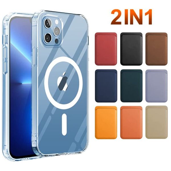 2 em 1 Claro Clear Leather Wallet Holder Case para MagSafe iPhone 13 12 11 Pro Max Mini XS XR x Tampa traseira original