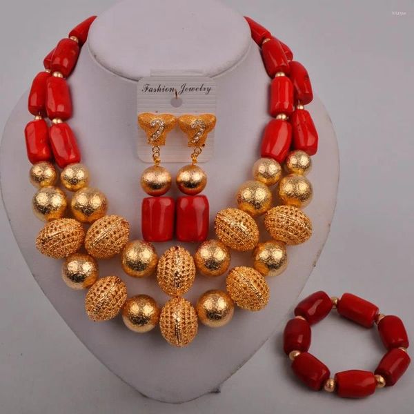 Colar brincos conjunto elegante cor de ouro vermelho africano coral jóias colares pulseira nupcial para mulher