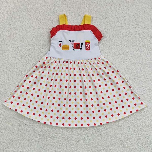 Kız Elbiseler Toptan Bebek Yaz Nakış İnek Süt Hamburger Twirl Elbise Çocuklar Bebek Butik Toddler Noktalar Diz Uzunluk Giysiler