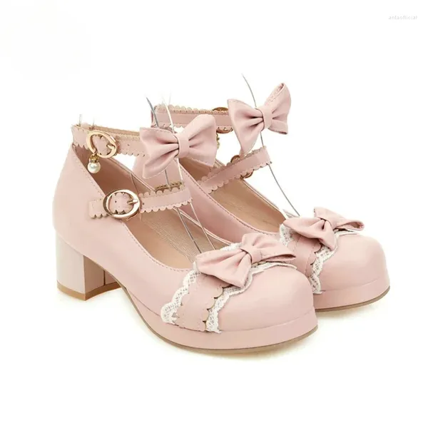 Elbise Ayakkabı Lolita Kızlar Mary Janes Bowknot Prenses fırfırlar Japonya Tatlı Gelin Düğün Pompaları Cosplay Pink Plus Boyut 34-48
