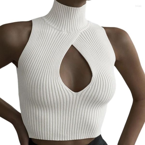 Damen Tanks Frauen Hoher Mock Neck Sexy Cut Out Front Crop Top Einfarbig Rippstrick Bodycon Ärmelloses Camisole Pullover Weste