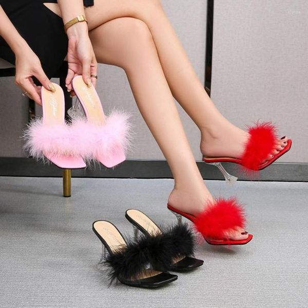 Elbise ayakkabıları kadın pompalar yaz kare ayak parmağı şeffaf topuk tüy ince iyileşir sandaletler kadın gündelik yüksek topuklu terlik