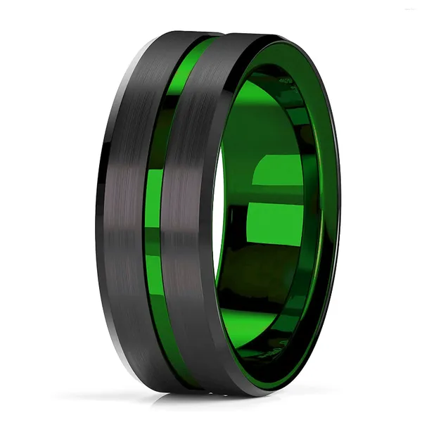 Anéis de casamento na moda 8mm cor verde sulco borda chanfrada tungstênio para homens preto aço escovado anel de noivado banda masculina