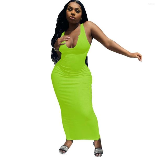 Sıradan Elbiseler Moda Kadınlar İlkbahar Yaz Camisole Deep V-Gutt Slim Seksi Örme Uzun Neon Yeşil Bayanlar Bodycon Parti Elbise