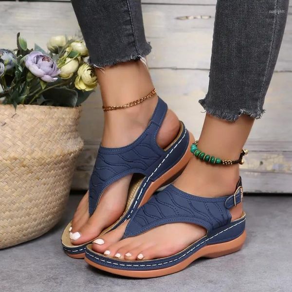 Abendschuhe 2023 Sommer Damen Sandalen Schnalle Retro Gladiator Flat Outdoor Tanga Blau Casual Roman Wedge