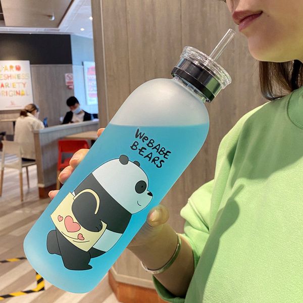 Wasserflaschen Botol air beruang Panda 1000 ml dengan sedotan transparan botol kartun buram anti bocor pengocok Protein bebas Bpa 230425