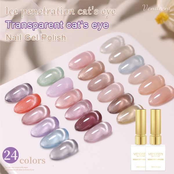 Unhas Postiças Vendeeni 24 Cores Cristal Transparente Cat Eye Gel Jelly Nude Art Lacquer Magnetic UV Soak Off Verniz 230425