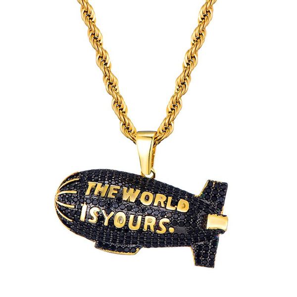 Anhänger Halsketten Hip Hop THE WORLD IS YOURS Luftschiff Gold Farbe Kubikzircon Anhänger für Männer Schmuck mit Tennis ChainPendant