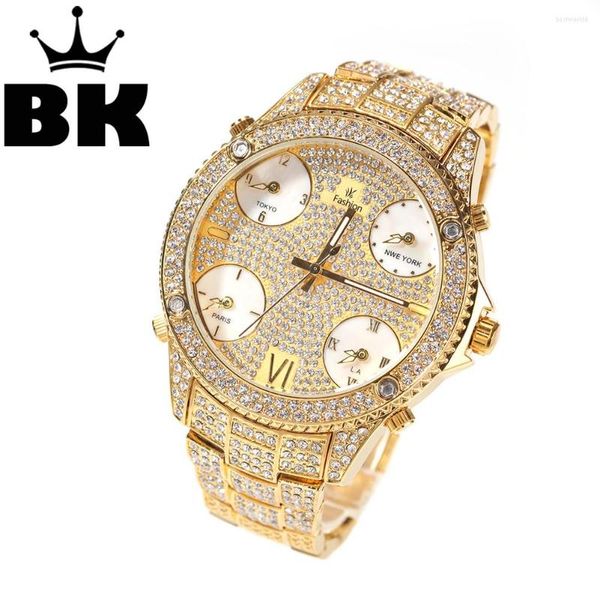 Colares pendentes Hip Hop Icegudo completo Men Watches Watches Aço inoxidável moda de luxo Rhinestones Quartz Square Business Watch