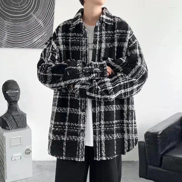 Jaquetas masculinas 2023 jaqueta de lã moda preto e branco xadrez de manga comprida casaco casual solto coreano retro outerwear streetwear 3xl