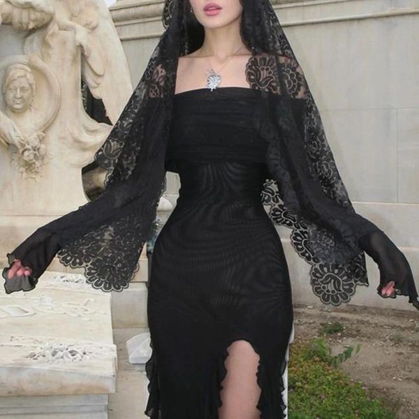 Casual Dresses Goth Off Shoulder Midi Kleid Frauen Sexy High Slit Sheer Elegante Abend Party Lange Grunge E-girl Punk Gothic Kleidung