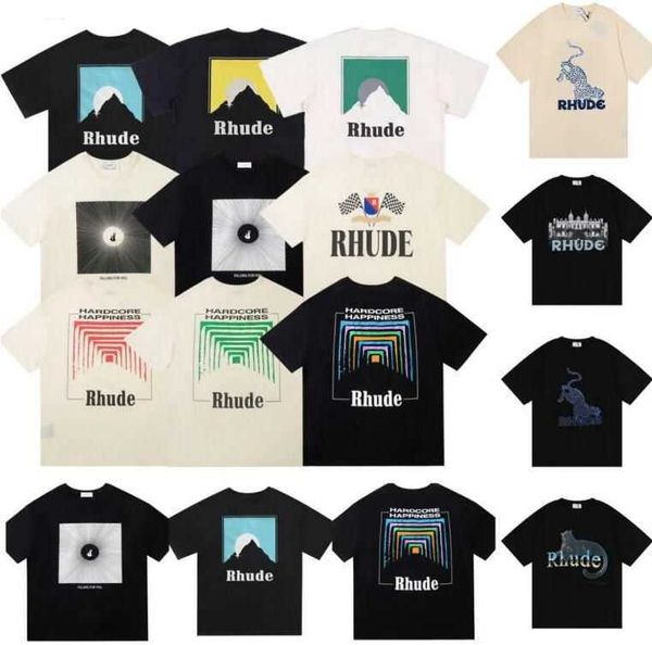 T-Shirts Erkek Rhude Tişörtlü Leopar Mektubu Baskı Doodle High Street Top Tees Erkek Kadınlar Günlük Gevşek T-Shirt Street Giyim L9ZQ