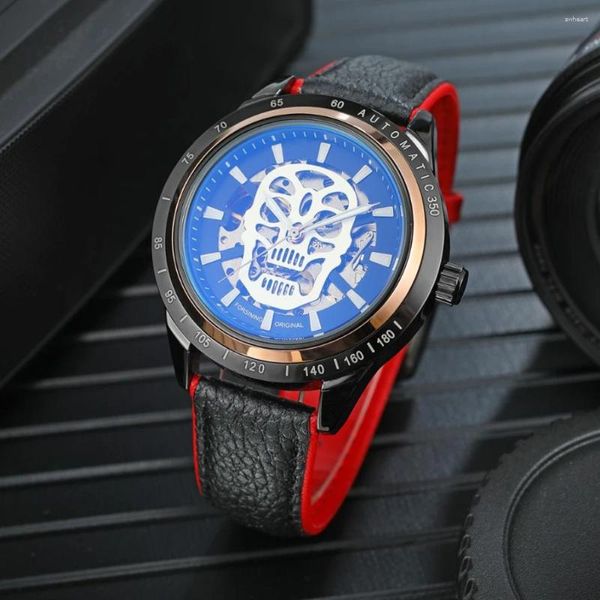 Orologio da polso da uomo stile orologio trasparente autentico rosso nero cinturino teschio scheletro maschile automatico orologio a carica automatica