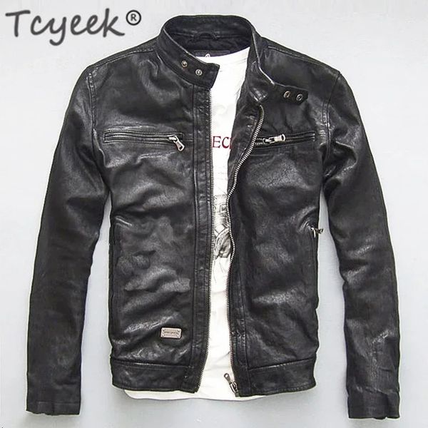 Jaqueta masculina de couro falso tcyeek, jaqueta de couro genuíno, ovelha real, cabra, preto, marrom, bomber, motocicleta, primavera, outono, roupas masculinas l1 231124