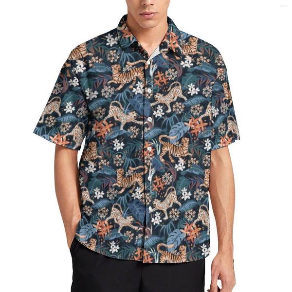 Herren-Freizeithemden, Leoparden- und Tiger-Strandhemd, Herren-Palmblatt-Dschungeltier-Hawaii-Kurzarm, individuelle, lustige Oversize-Blusen