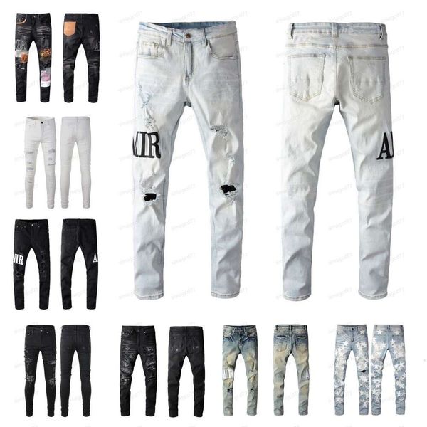 Мужские и женские дизайнерские джинсы Amirs, рваные байкерские тонкие прямые джинсовые брюки для мужчин с принтом, армейские модные мужские узкие брюки M 7399