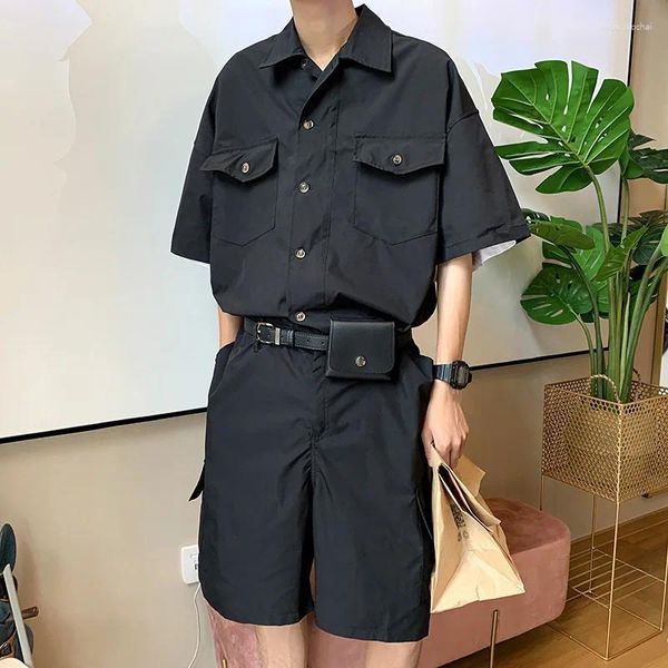 Fatos masculinos 2023 verão moda de uma peça terno japonês retro workwear estilo solto tendência casual de manga curta cinco calças macacão