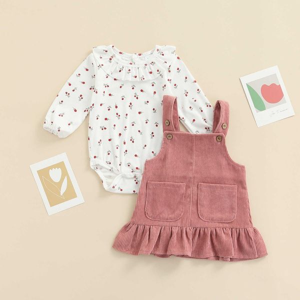 Completi di abbigliamento Completi per bambina Set di vestiti per bambina appena nati Vestiti a maniche lunghe Pagliaccetto con stampa floreale Top + Bretelle di velluto a coste sci AA230426