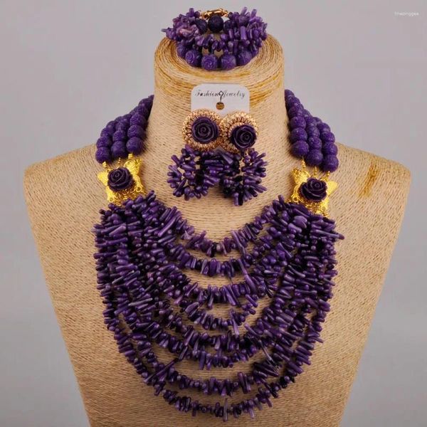 Collana Orecchini Set Moda Corallo Viola Ramo Spezzato Accessori da Sposa per Donna Africana Nigeria Sposa XK-47