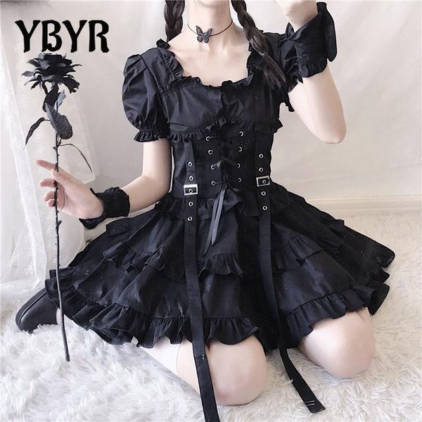 Vestido ybyr preto gótico lolita vestido japonês menina punk estilo buffe bandage mini vestido mulheres sexy vestidos vestidos de clube roupas