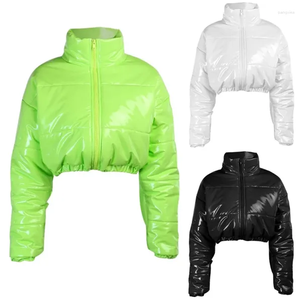 Casacos de Trench das Mulheres Mulheres Brilhantes Neon Faux Couro Puffer para Jaqueta Manga Longa Zip Up Stand Collar Cropped Casaco Acolchoado Inverno Bolha Quente