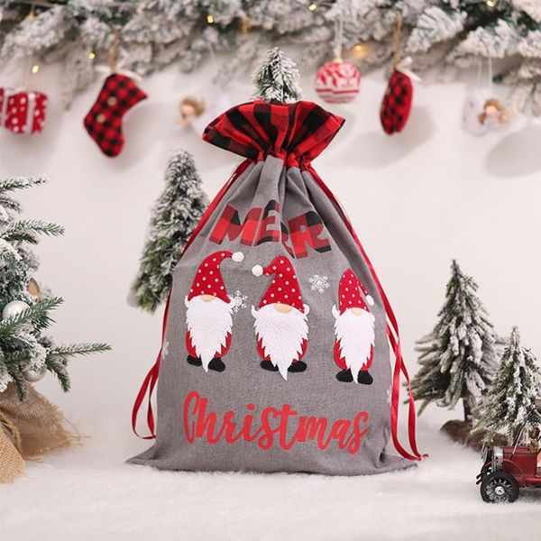 Einkaufstüten Est 3 Farben Weihnachts-Süßigkeitsbeutel Weihnachtsmann-Aufdruck Geschenk-Aufbewahrungspaket mit Kordelzug für Snacks Grau/Beige/Rot