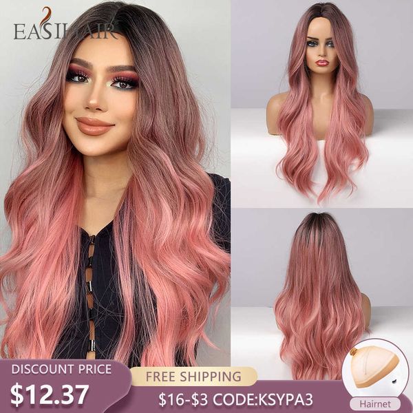 Perucas sintéticas easihair ombre long ombre rosa perucas sintéticas para mulheres parte média parte ondulada de cosplay natural resistente ao calor vermelho 2302227
