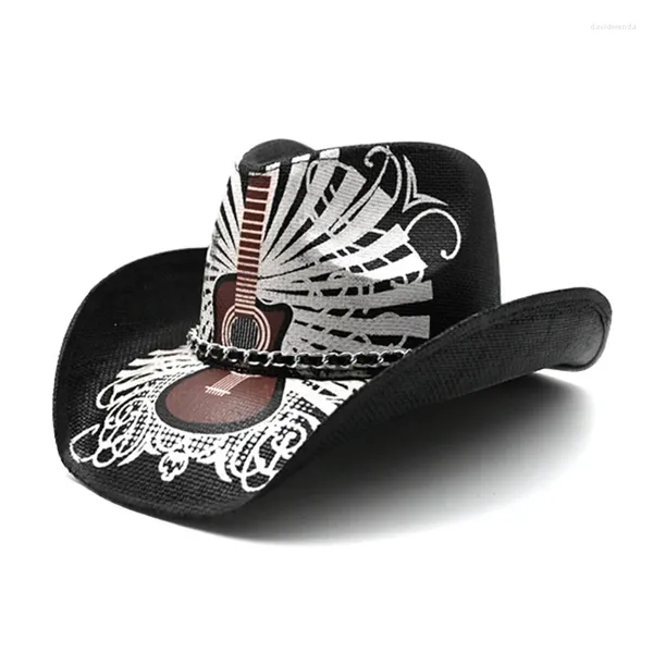 Berretti Retro Punk Stampa Fascia in pelle Donna Uomo Paglia dura Equitazione Tesa larga Spiaggia all'aperto Cowboy Cowgirl Cappello da sole occidentale Protezione solare