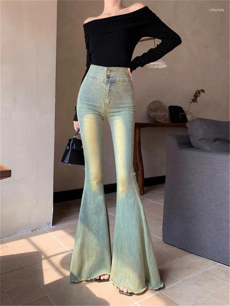 Damen-Jeans, Mädchen, Vintage-Waschung, Denim, sexy, hohe Taille, schlank, dünn, dünn, lange Hosen, gerade Passform, große Flare-Hose