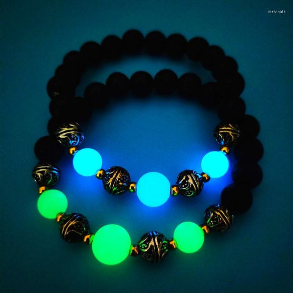 Strand Fashion Elastic String Luminous Beads Bracele Natürlicher Lavastein Fluoreszierender Unisex-Armreif Glow In The Dark Party Schmuck