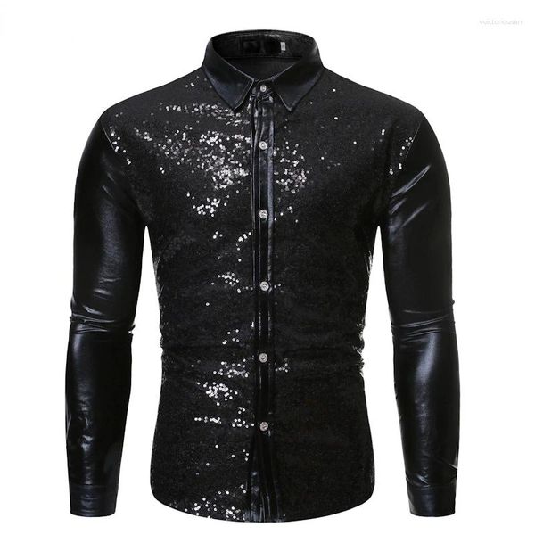 Männer Casual Hemden Schwarz Metallic Pailletten Patchwork Hemd Männer Nachtclub Stil Disco Dance Kleid Herren Halloween Party Prom Chemise homme