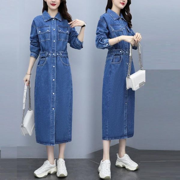 Vestidos casuais Spring Autumn Mulheres de colar de gola que vira o botão único colecionar jeans sólidos de cintura para fêmeas jeans de jeans de uma peça