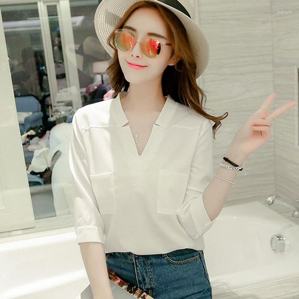 Damenblusen Süße Frauen Plain Dreiviertel-Hülsenbluse Trend Koreanisches Doppeltaschenhemd Lose Einzigartiges Design Chiffon-Pulloveroberteile