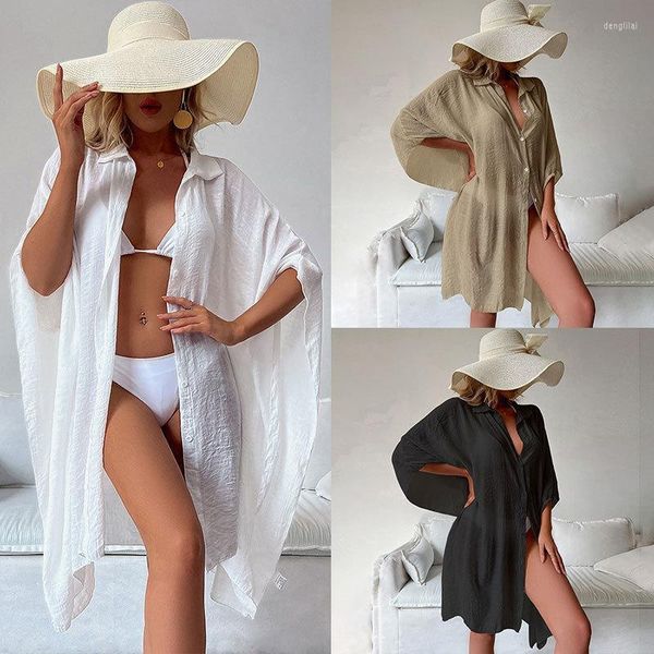 Damen Bademode Solid Slub Cotton Damen Sommer Beachwear Langes Kaftan Strandkleid Weißer Badeanzug Bikini Cover-ups Wrap Cover Up
