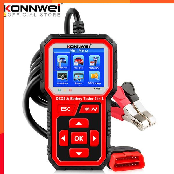 Nuovo KONNWEI KW681 6V 12V Auto Moto Tester Della Batteria Strumento di Diagnostica Auto 2 in1 2000 CCA Auto OBD2 scanner Avviamento Test di Ricarica