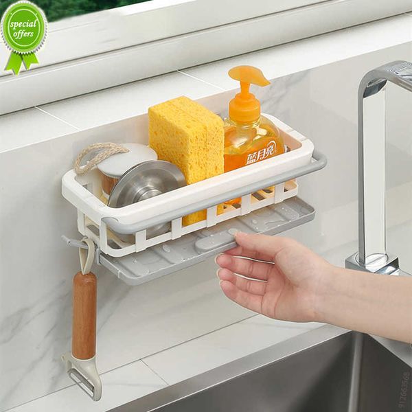 Scaffale da cucina senza punzonatura Piatto Spugna Supporto per lavello Scarico Scaffale da bagno con ganci Accessori per l'organizzatore