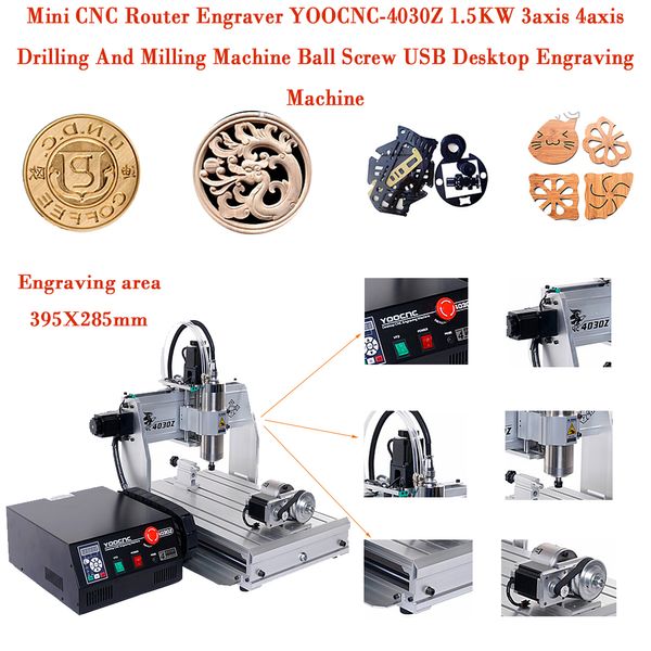 Mini gravador roteador cnc YOOCNC-4030Z 1.5kw 3 eixos 4 eixos máquina de perfuração e fresagem parafuso esférico usb máquina de gravura de mesa