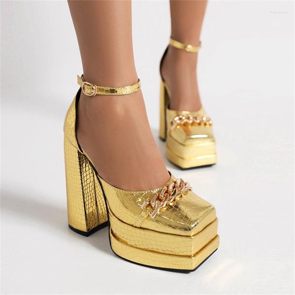 Sandals Pattern Women Pumps Big Size 2023 Plataforma dupla Cadeia de moda Buckle Strap Square Toe Toe Gold Gold High Heel Sapatos