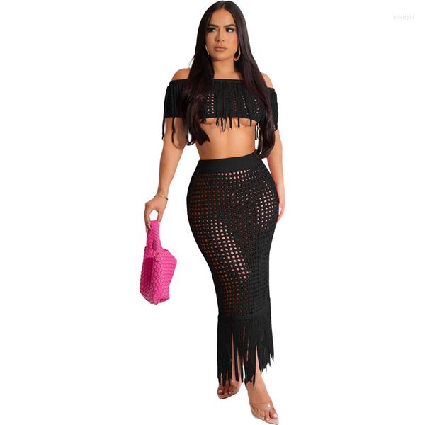 Costumi da bagno da donna Sexy See Through Gancio a mano lavorato a maglia Nappa Set da spiaggia 2023 Summer Women Swimming Outfit Due pezzi Top e gonna super corti