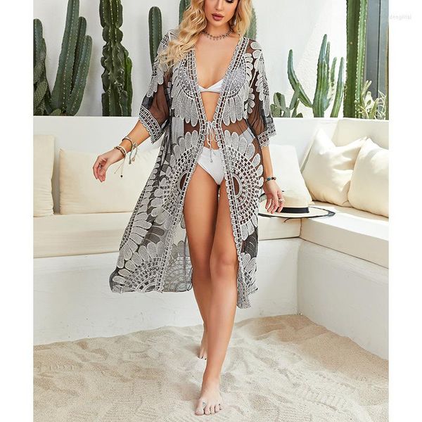 Damen Bademode In wasserlöslicher Spitze Sunflower Beach Rock Sexy Holiday Cardigan Bikini Sunscreen Bluse