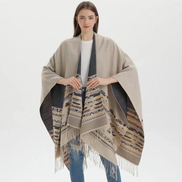 Schals Frauen Winter Böhmen Jacquard Wrap Schals Damen Geometrische Verdicken Warme Poncho Capes Lange Quaste Splited Pashmina Cardian YK103