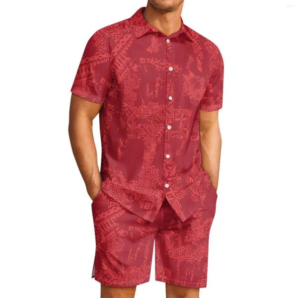 Herren-Trainingsanzüge, Polynesian Tribal Hawaiian Totem Tattoo Hawaii-Drucke, Herren-Stil, Revers, bequem, atmungsaktiv, Kurzarm-Shorts, Rot, Sport