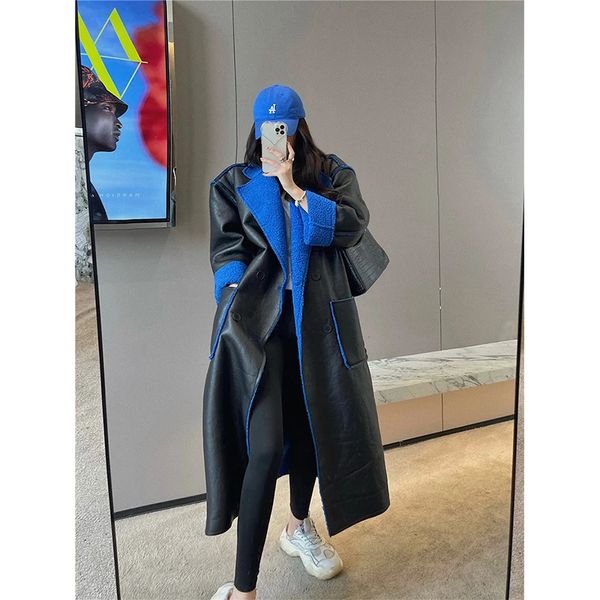 Mulheres misturas de lã longa jaqueta de couro pu cordeiro casacos streetwear fofo casaco de pele falsa peludo plus size outerwear inverno quente sobretudo 231124